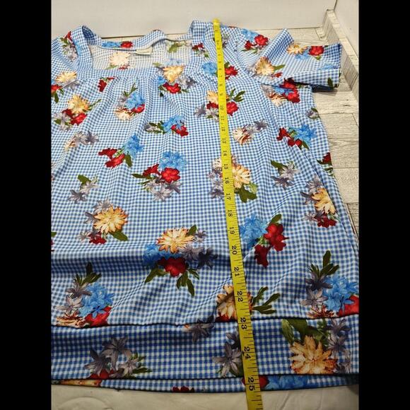 Blair 2XL Blue White Checked floral pullover top Square neck short Sleeve - Picture 9 of 10